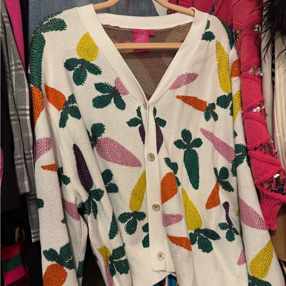 Queen of Sparkles White Multi Carrot Easter Cardigan